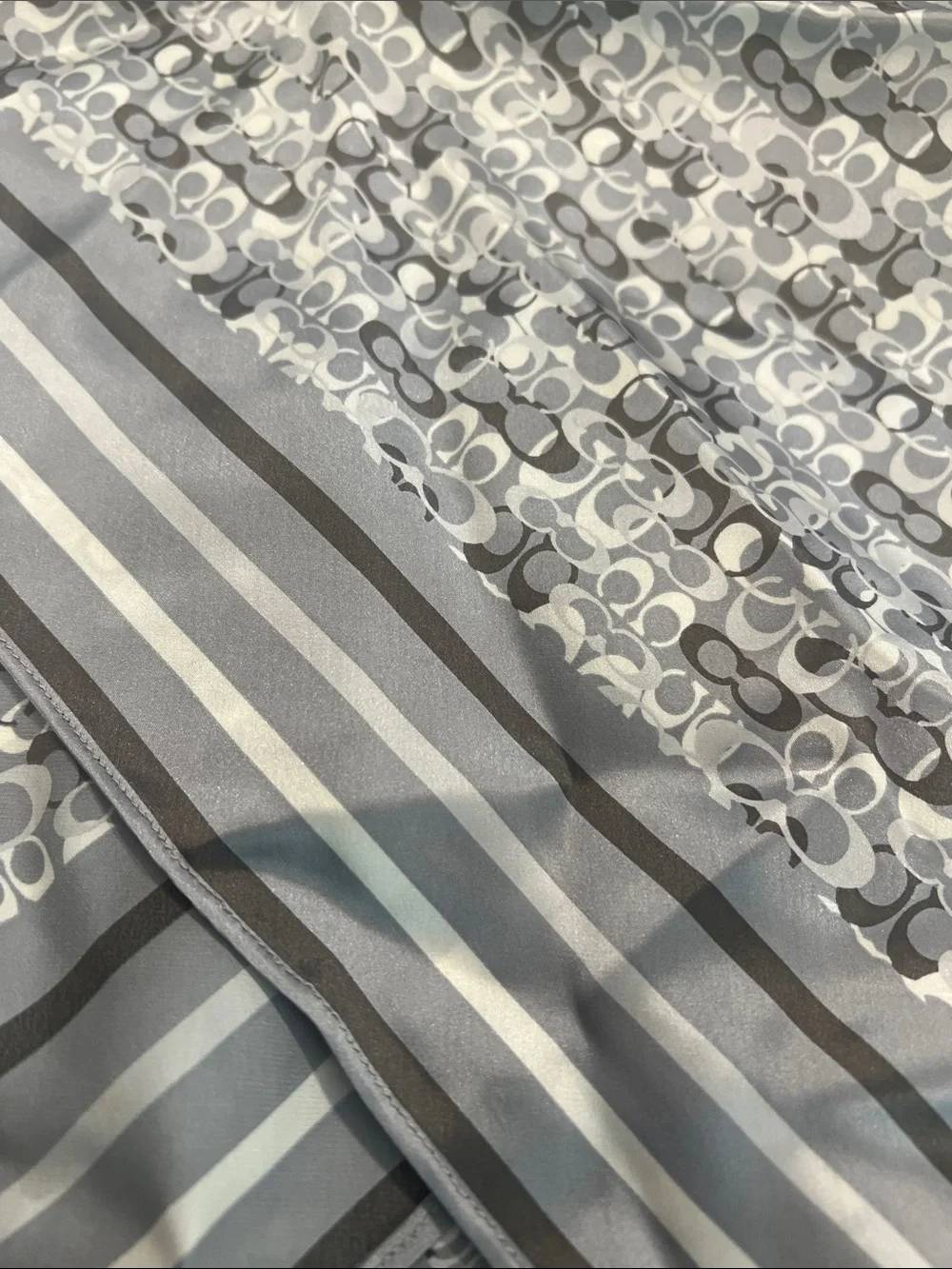 NWT 100% silk Coach Gray and White Signature Pattern scarf.